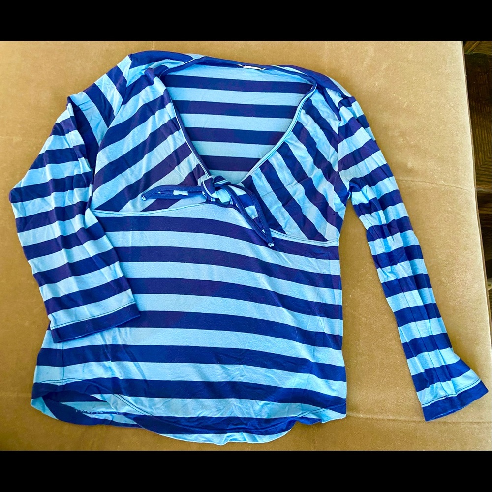 Low cut sailor stripe 3/4 sleeve curved hem t-shirt by J.Crew. Cute tie detail.